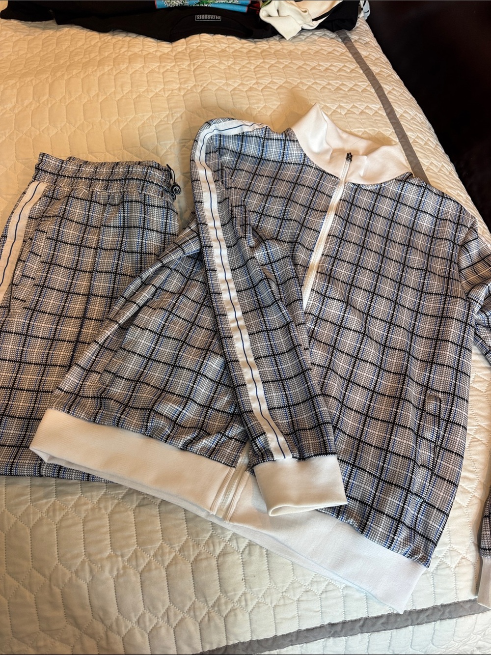 Men's Blue Plaid Track Jacket and Joggers Set with White Trim